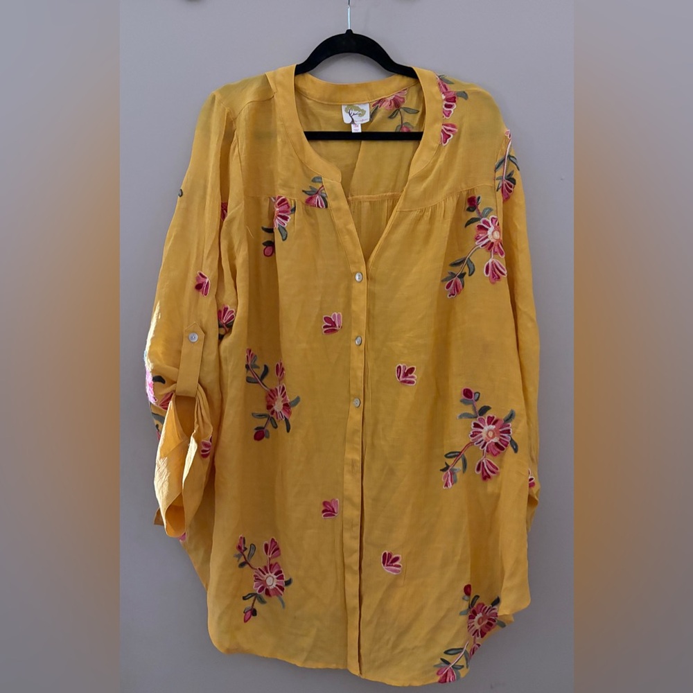Fig and Flower Yellow Floral Embroidered Blouse